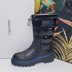Calvin Klein Women's Black Puffer Winter Boot with Blue Trim